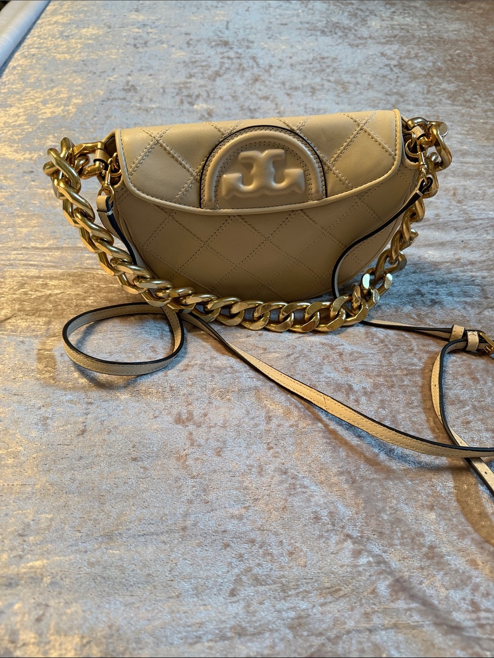 Tory Burch Fleming Mini Crescent Cream Leather Crossbody with Gold Chain Strap